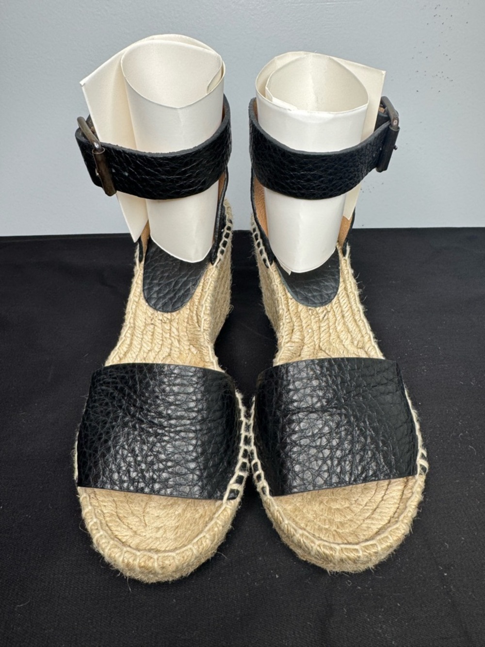 J.Crew Corsica jute wrap wedge sandals in black tumbled leather.